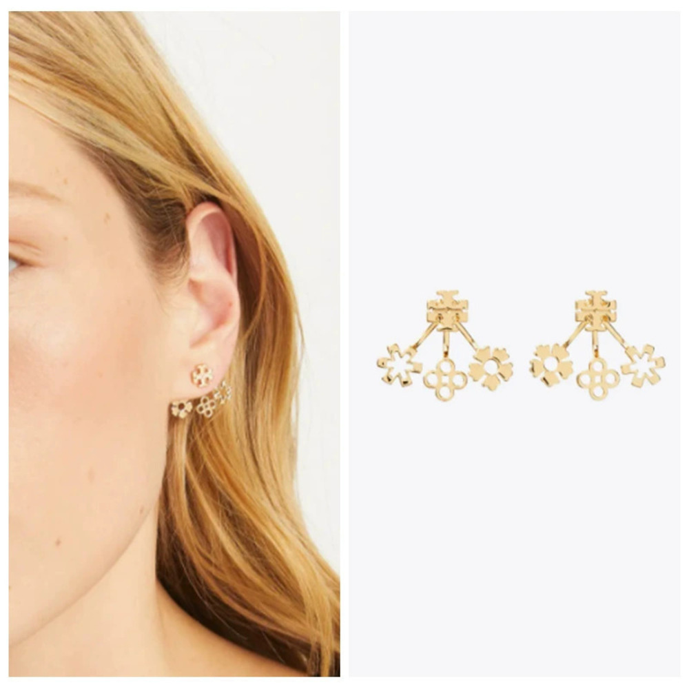 Tory Burch Gold Four Leaf Clover Front Back Stud Earrings